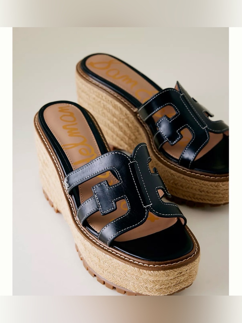 Sam Edelman Black Leather Espadrille Platform Slide Wedges